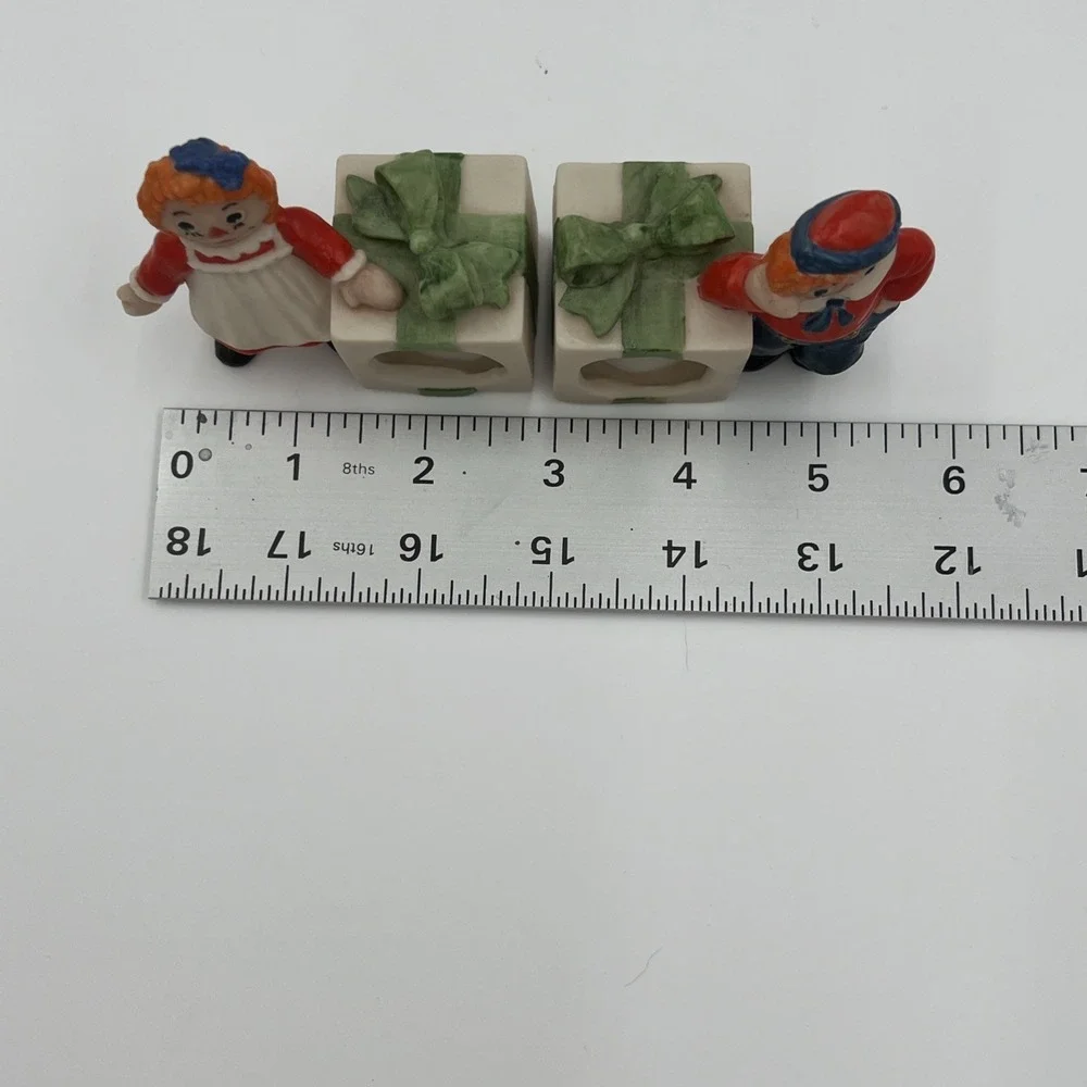 Raggedy Ann and Andy Ceramic Napkin‎ Rings Vintage Christmas Holiday Set of 2